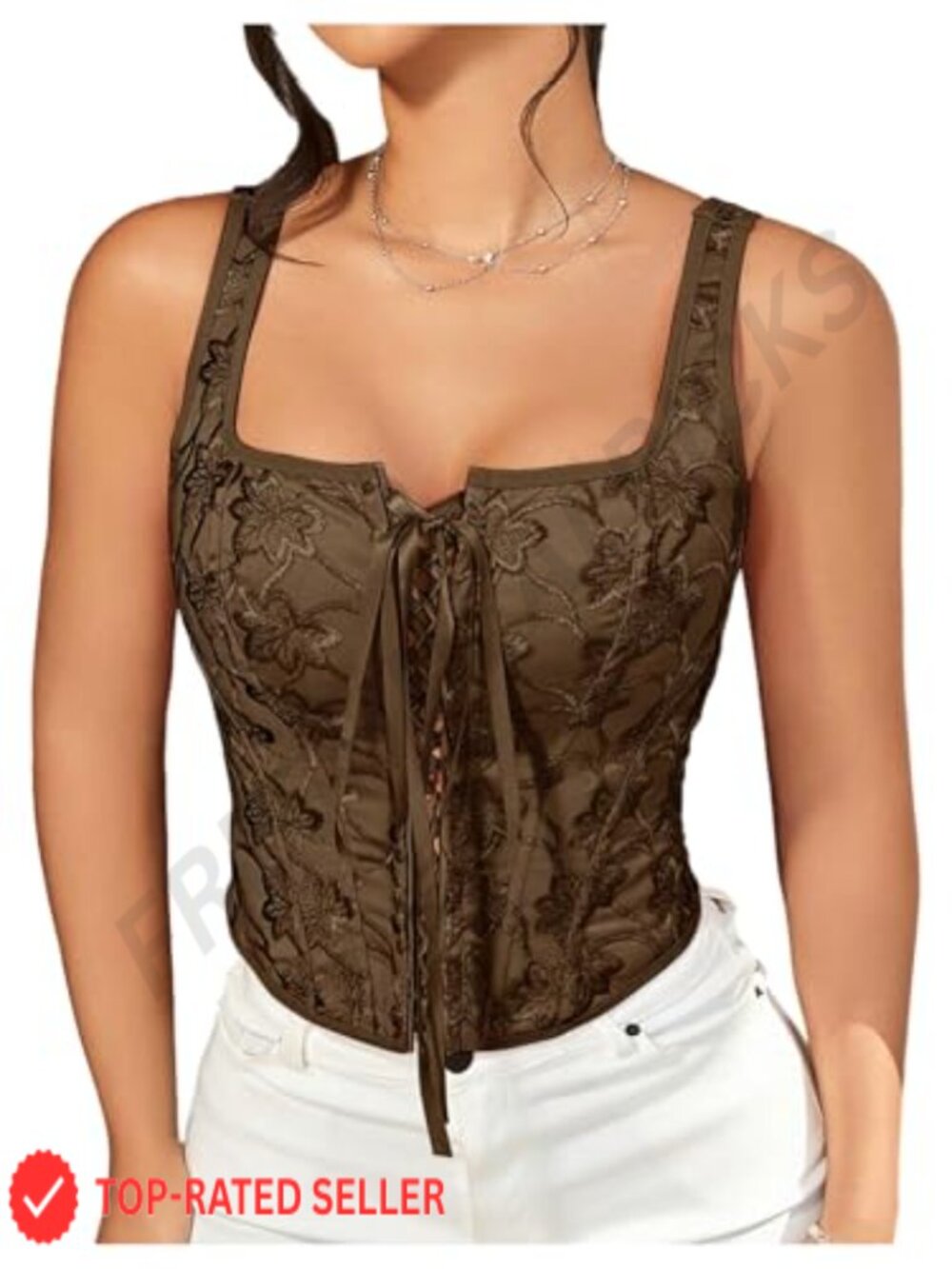 Floral Embroidered Lace Up Corset Square Neck Crop Tank Top